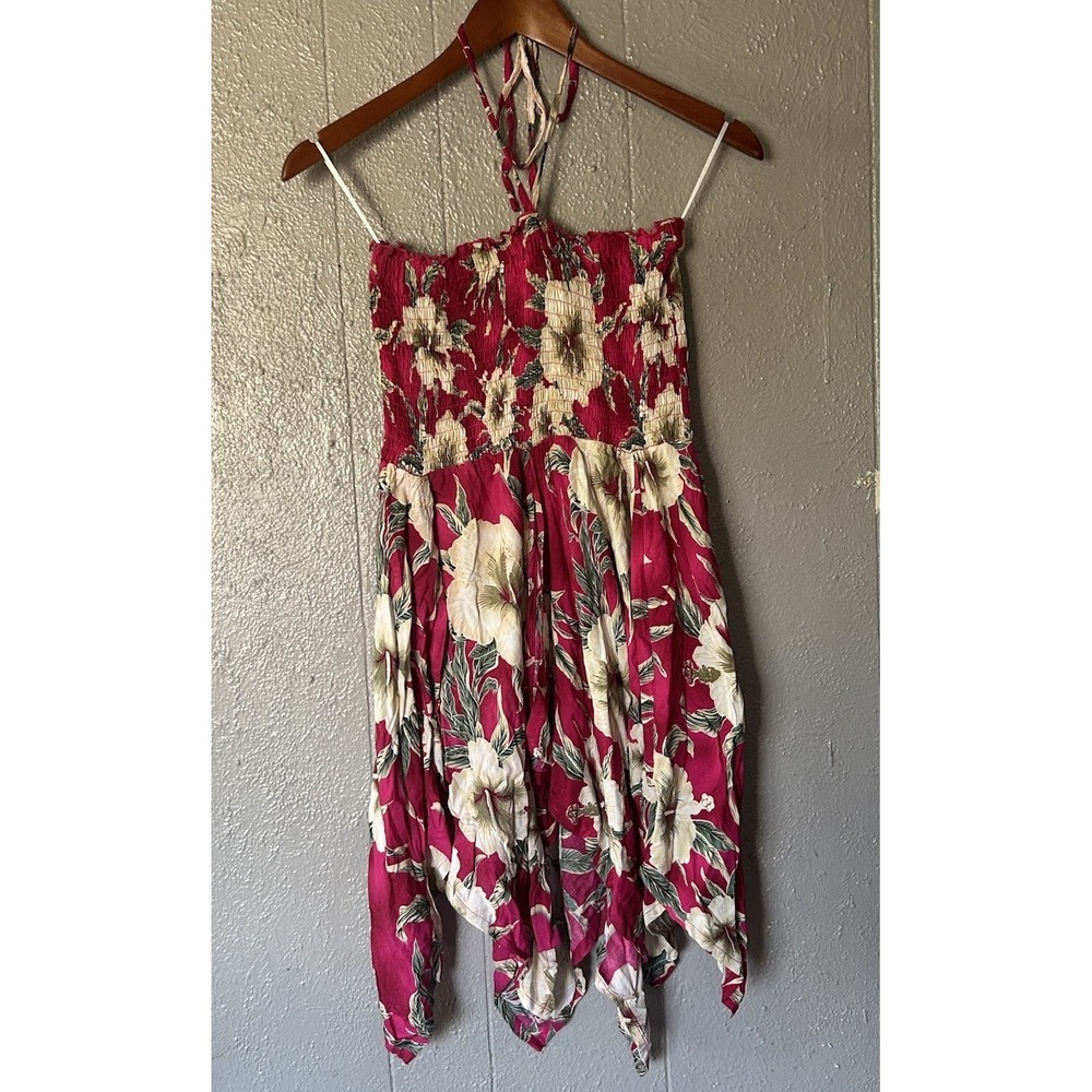 Floral Pink White Smocked Hawaiian Mini Tube Top Strappy Dress S Fit N Flare